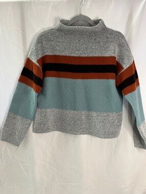 Soft Striped Mock Neck Sweater - Gray, Blue & Rust S